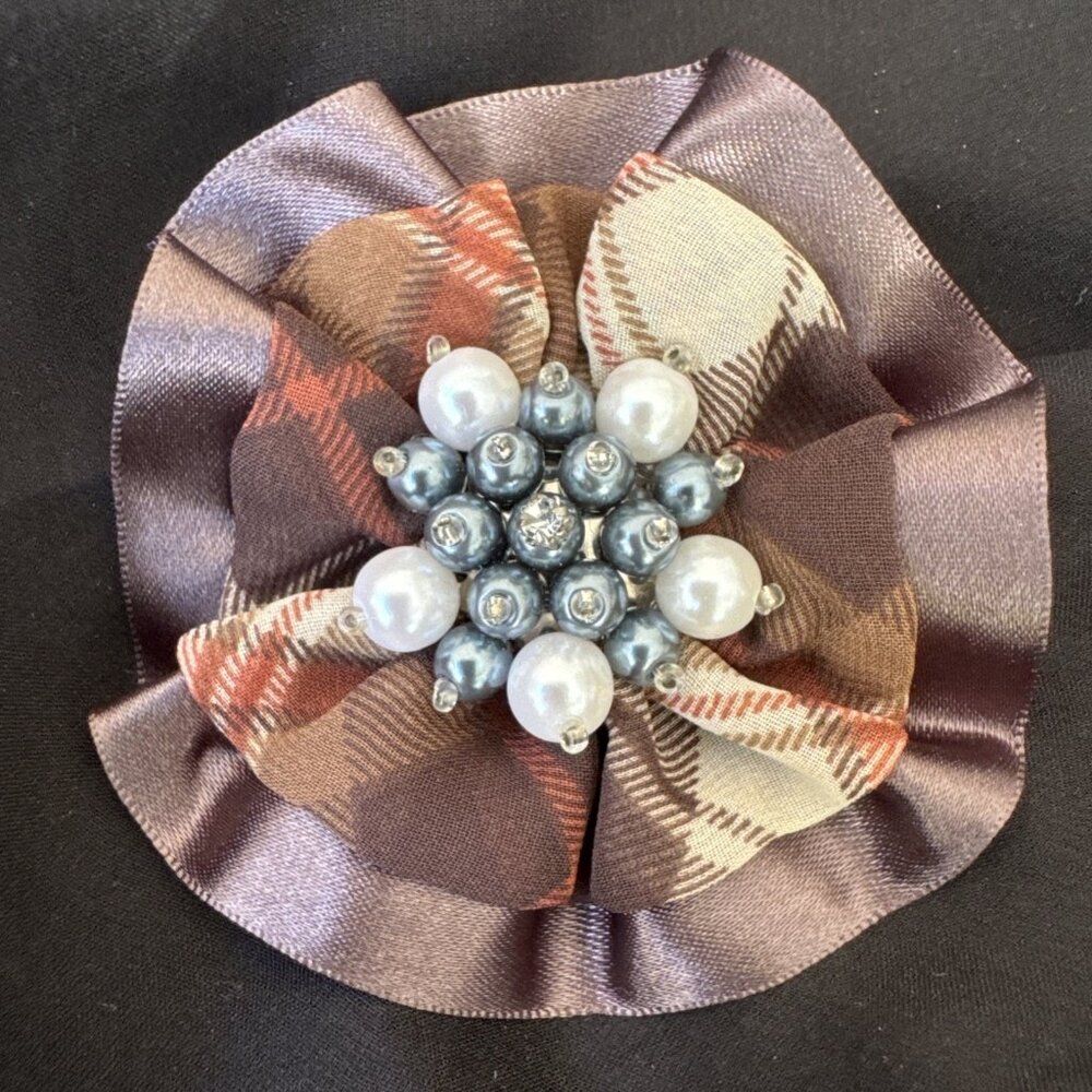 Cara Brown Cream Plaid Pearl Beaded Floral Hat Brooch/Hair Pin Steampunk NEW